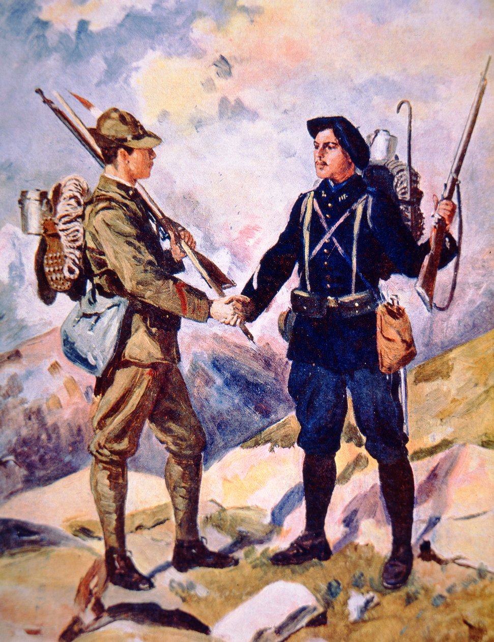 „Frères Alpins”, olasz és francia alpesi katonák fognak kezet fegyveres és hegyi ügyességi elvtársként (színes litho) alkotó: Oswaldo Tofani