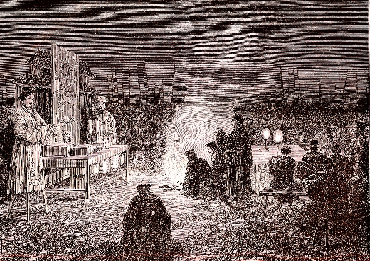 Temetési szertartás a kínai Sou-Tcheouban. 1874 (metszet) alkotó: Oswaldo Tofani