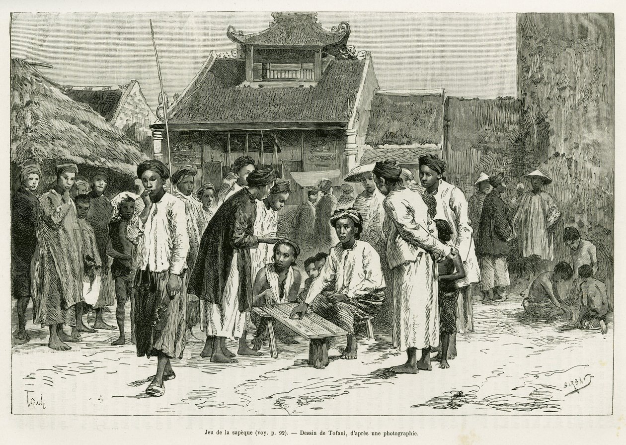 A sapeque játéka. Tofani metszet a Trente mois au Tonkin című történetének illusztrálására, 1884-ben, Dr. Paul Hocquard, in le tour du monde 1890, Edouard Charton (1807-1890) irányításával, Hachette, Párizs. alkotó: Oswaldo Tofani