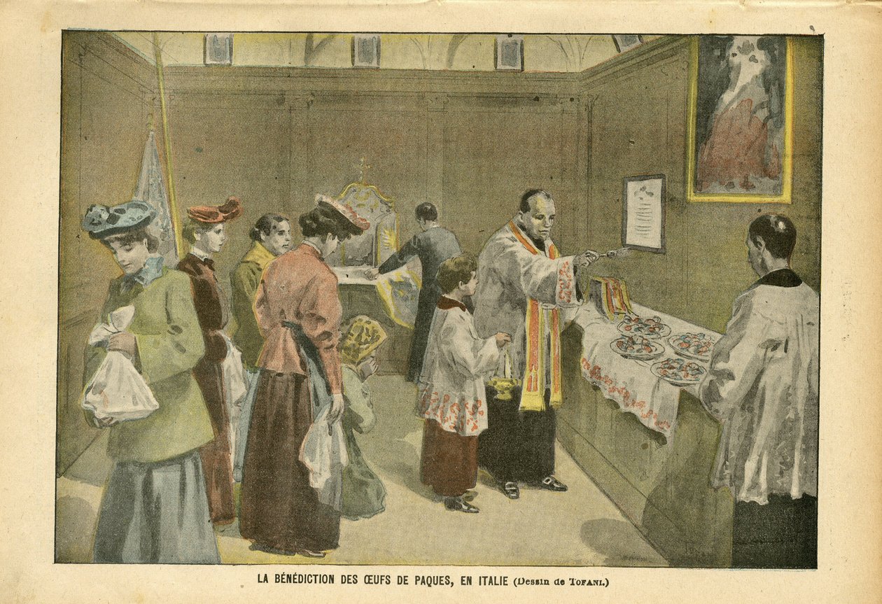 Illusztráció: Oswaldo Tofani (1849-1915) Le Pelerinben, 04.03. - A húsvéti tojások áldása Olaszországban - Olaszország, Valláshit, Húsvét, Katolikus Katolicizmus - Tojás alkotó: Oswaldo Tofani