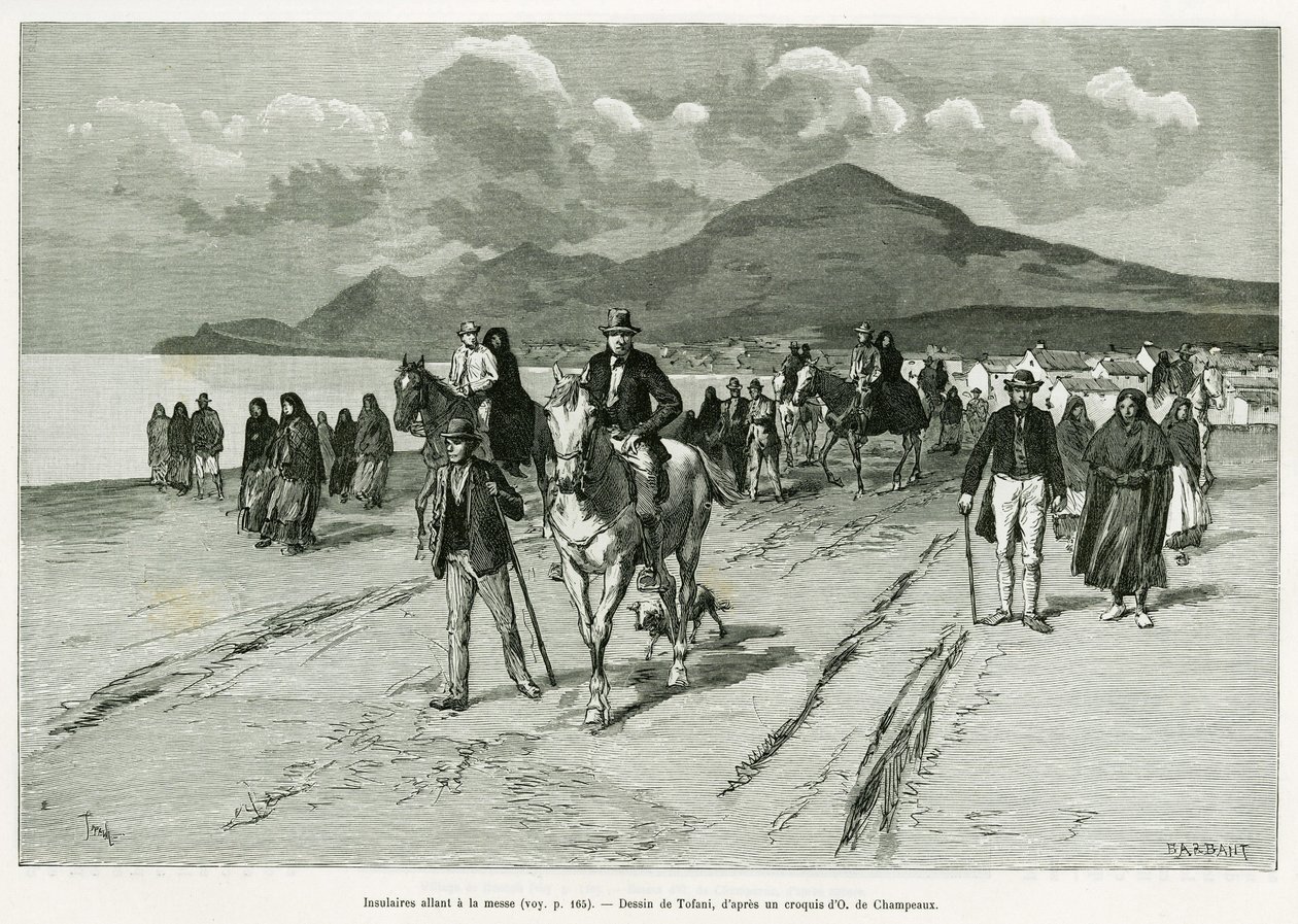 A szigetlakók misére mennek. Tofani metszet a Három hónap Írországban történet illusztrálására, 1889-ben, Marie anne de Bovet, in le tour du monde 1890, rendező: Edouard Charton (1807-1890), Hachette, Párizs. alkotó: Oswaldo Tofani