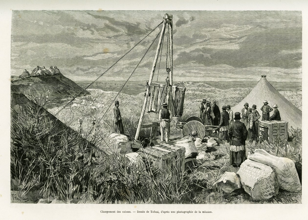A régészeti ásatások ládáinak betöltése, Perzsia. Tofani metszet, az A Suse című történet illusztrálására alkotó: Oswaldo Tofani