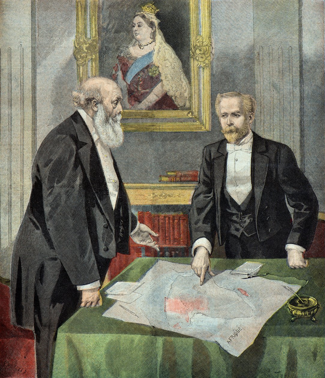 Lord Salisbury és Paul Cambon az afrikai befolyási övezetek kijelölése alkotó: Oswaldo Tofani