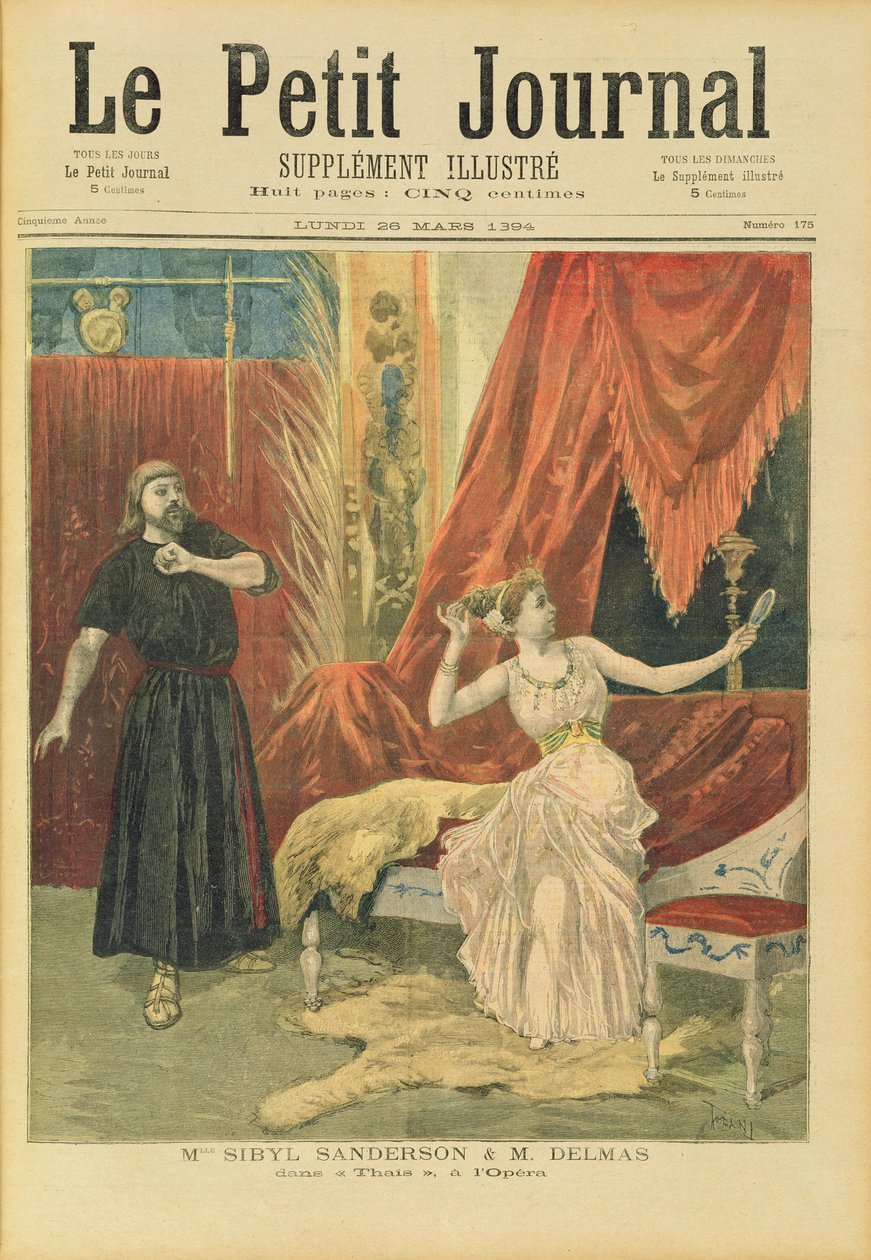 Mademoiselle Sibyl Sanderson (1865-1903) és Monsieur Jean Francois Delmas (1861-1933) Jules Massenet (1841-1912) "Thais" című művében a "Le Petit Journal"-ból, 1894. március 26. alkotó: Oswaldo Tofani