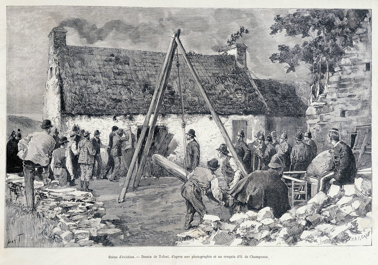Férfiak berohannak egy ajtón egy hasfa segítségével, hogy kiűzzék a lakót a lakásból. Tofani rajza O. de Champeaux vázlatából (XIX. század). alkotó: Oswaldo Tofani