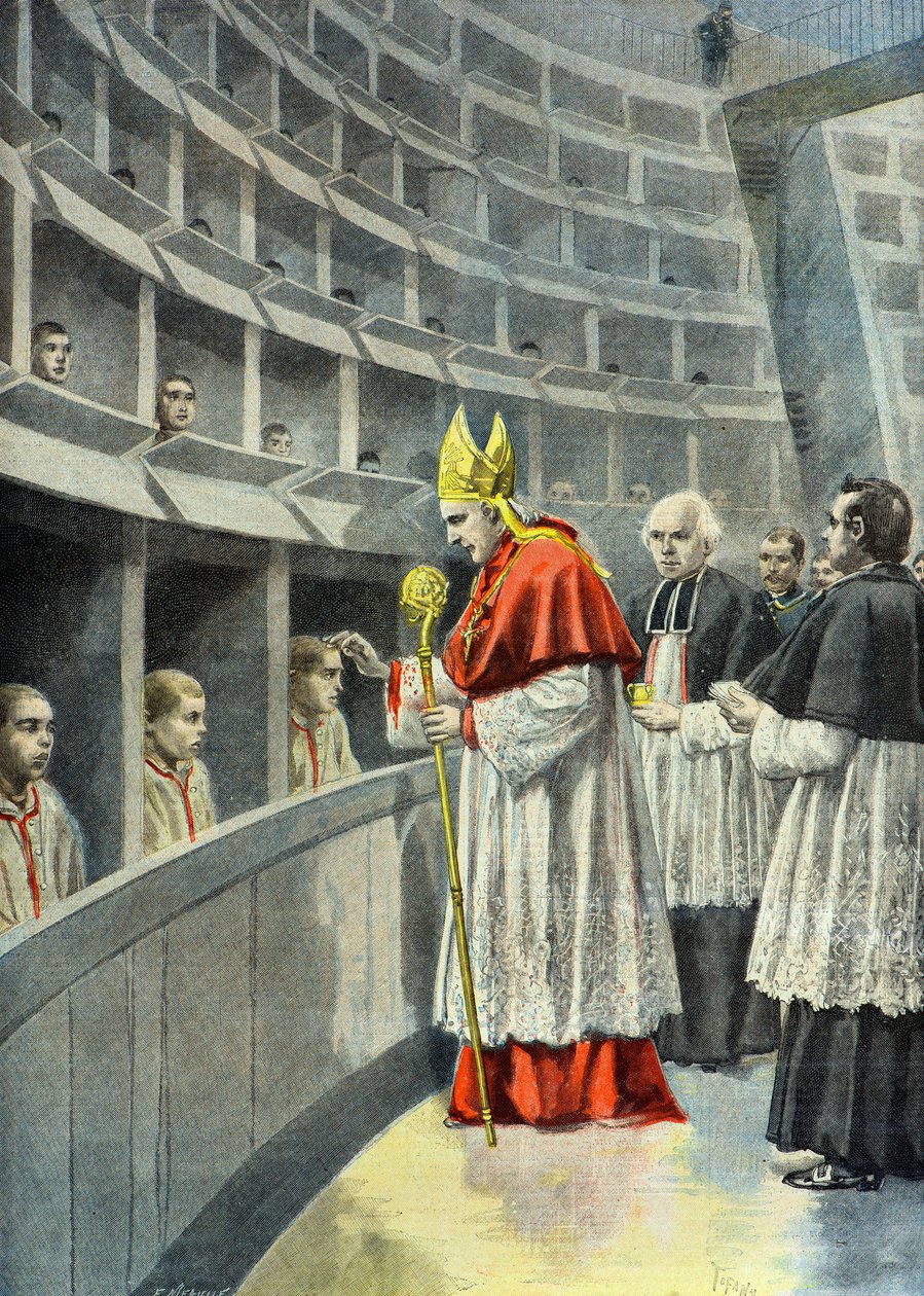 Monseigneur Richard a Petite Roquette-ben konfirmál fiatal foglyoknak alkotó: Oswaldo Tofani