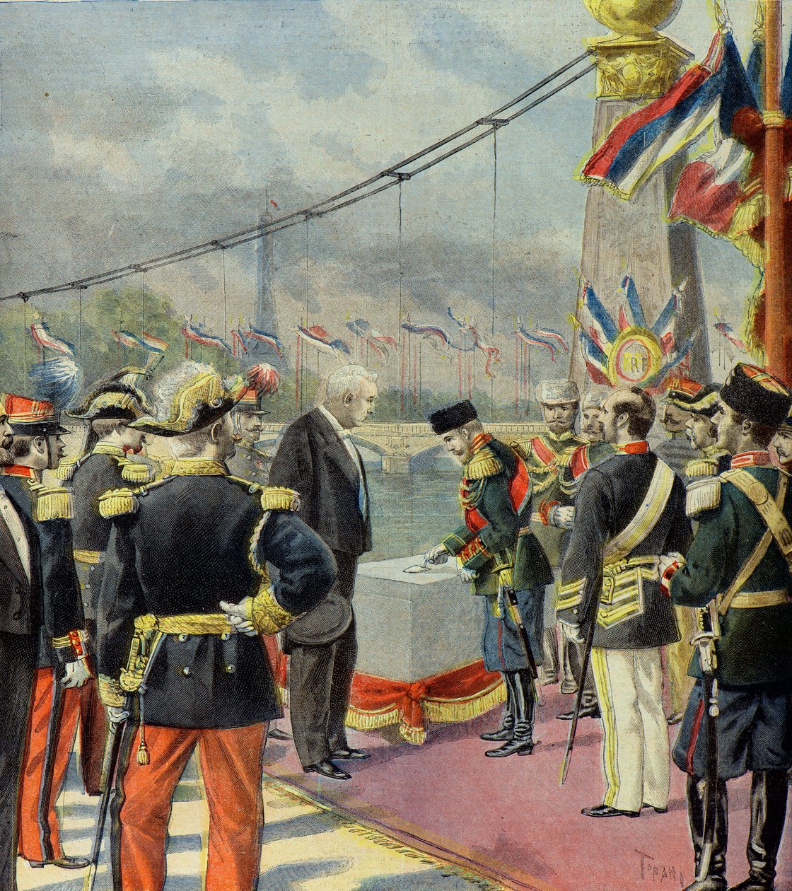 Nicolas 2 lerakja az Alexandre 3 híd első kövét, Felix Faure jelenlétében, Párizs 1896 (metszet) alkotó: Oswaldo Tofani