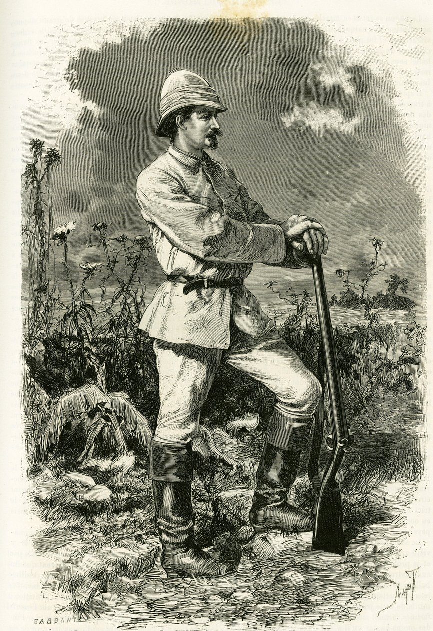 Dr. Emile Holub portréja, felfedezőruhában, Tofani metszetével, az „Au pays des Marutses” című történet illusztrálására, Dr. Emile Holub (1847-1902) 1875-1879-ben. Megjelent a Tour du monde-ban, 1883. 2. félév, szerkesztette: Edouard Charton (1807-1890) alkotó: Oswaldo Tofani