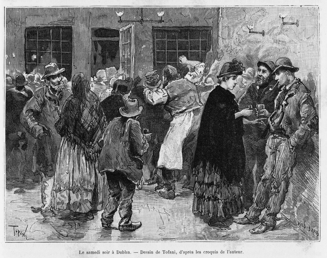 Szombat este Dublinban. Tofani metszet a Három hónap Írországban című történet illusztrálására, 1889-ben, Marie Anne de Bovet, in le tour du monde 1890, rendező: Edouard Charton (1807-1890), Hachette, Párizs. alkotó: Oswaldo Tofani