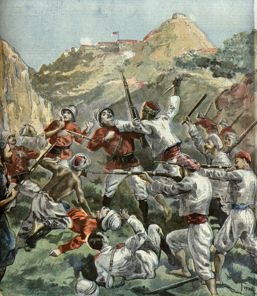 A briteket megtámadják Mala - Khan erődjénél az 1897-es indiai felkelés során (metszet) alkotó: Oswaldo Tofani