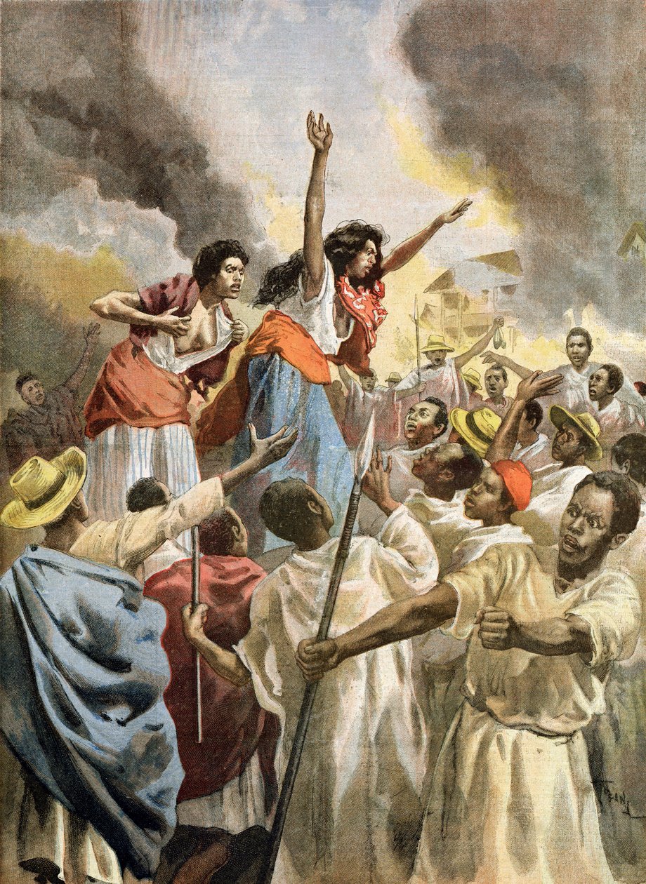 A királyi hercegnők a szent háborút prédikálják Madagaszkáron, a Le Petit Journalból, 1894. december 9. alkotó: Oswaldo Tofani