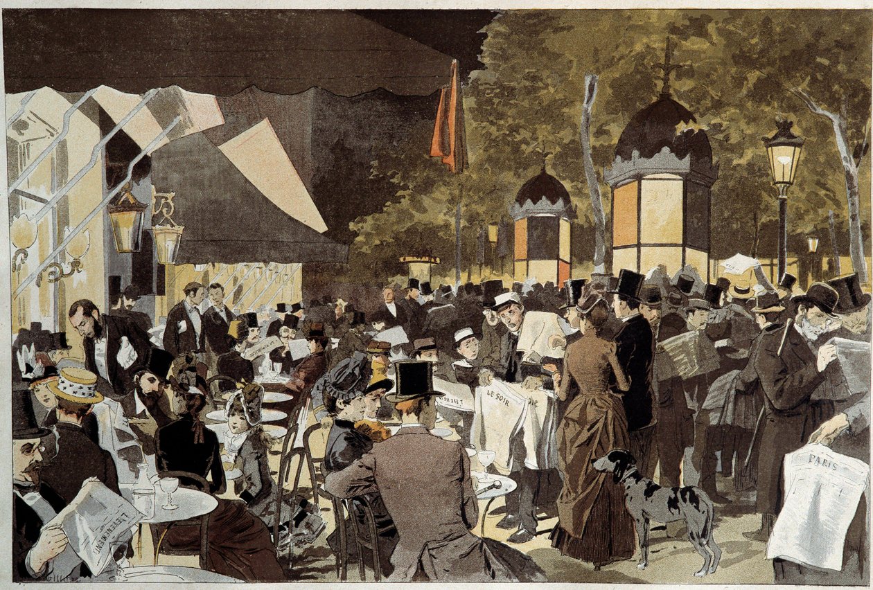 A körutak a választási éjszakai kávézó teraszán. Osvaldo Tofani (1849-1915) festményéből Ec. Ital. alkotó: Oswaldo Tofani