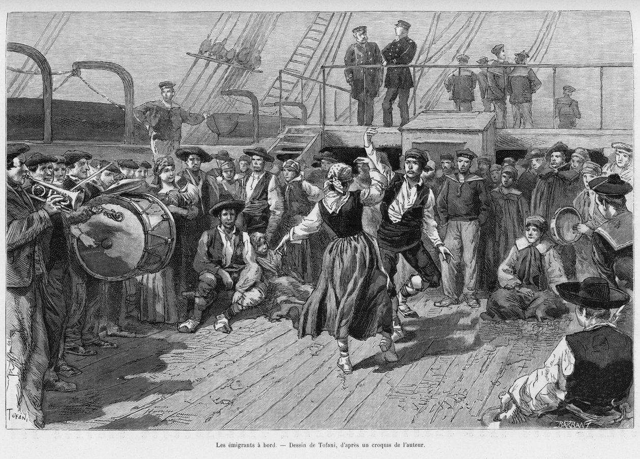 Az emigránsok a fedélzeten. Tofani metszet a Voyage a la Plata című történet illusztrálására, Emile Blaireaux három hónapos vakációja 1886-ban, a tour du monde 1887-ben, Edouard Charton (1807-1890) irányításával, Hachette, Párizs. alkotó: Oswaldo Tofani