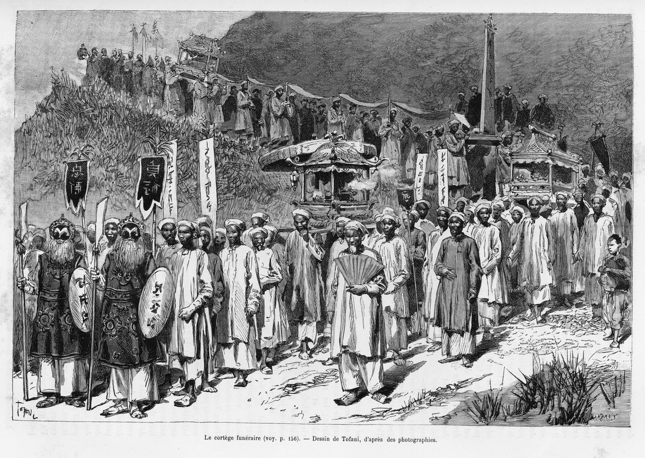 A temetkezési társaság. Tofani metszet a Trente mois au Tonkin című történet illusztrálására 1884-ben, Doctor Paul Hocquard, in le tour du monde 1890, Edouard Charton (1807-1890) irányítása alatt, Hachette, Párizs. alkotó: Oswaldo Tofani