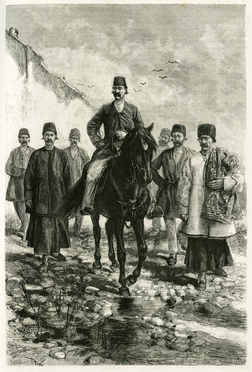 Kachan (vagy Kashan, Teherán tartományban, a mai Iránban) kormányzója fekete lovon ül, a lakosztálya pedig gyalog. Tofani metszete fényképről, Jane Dieulafoy (szül. Ma) „Persia, Chaldee és Susiane” című történetének illusztrálására 1881-1882 között alkotó: Oswaldo Tofani