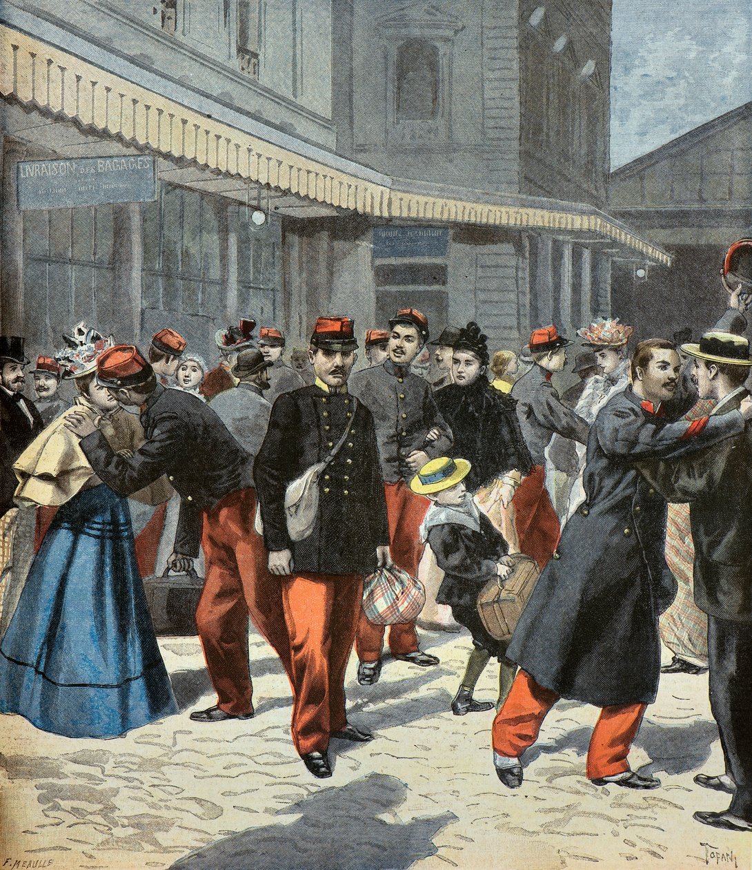 Az osztály visszatérése. Katonai szolgálatuk után a katonák újraegyesülnek családjukkal 1897 (metszet) alkotó: Oswaldo Tofani