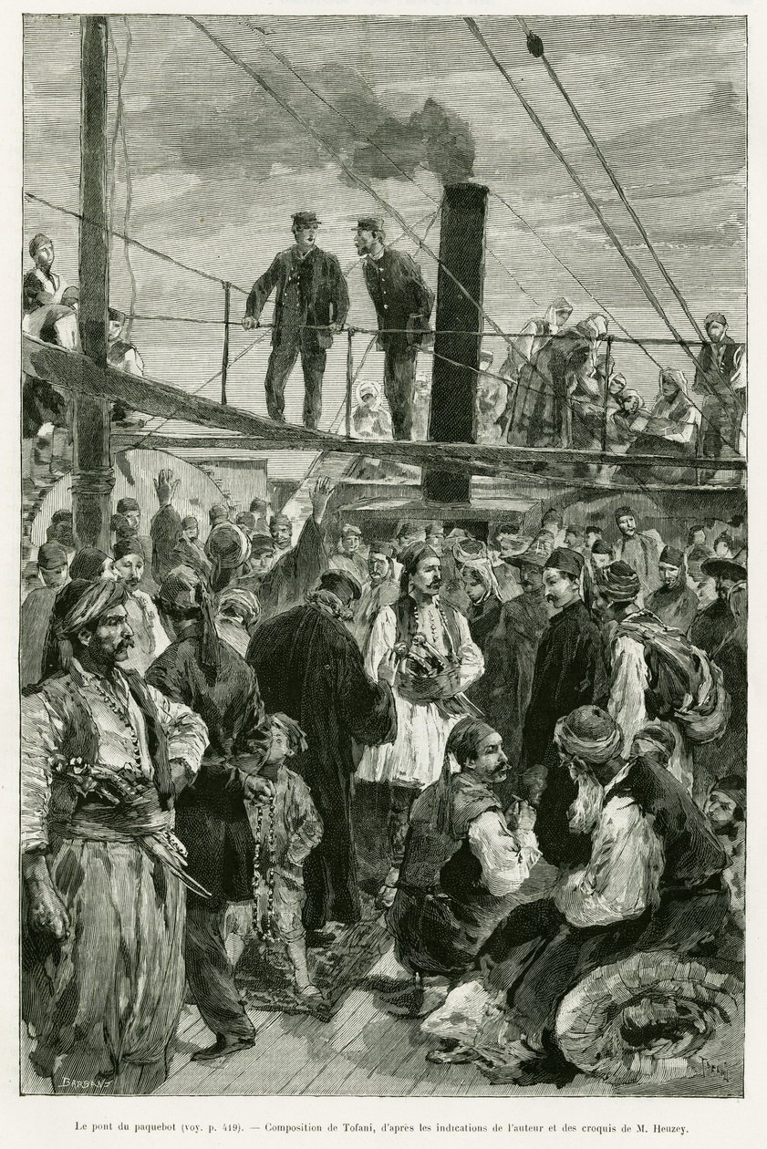 A hajó fedélzete. Tofani metszet a Voyage en Thessalie című történet illusztrálására 1882-ben, Paul Monceaux, in le tour du monde 1887, rendező: Edouard Charton (1807-1890), Hachette, Párizs. alkotó: Oswaldo Tofani