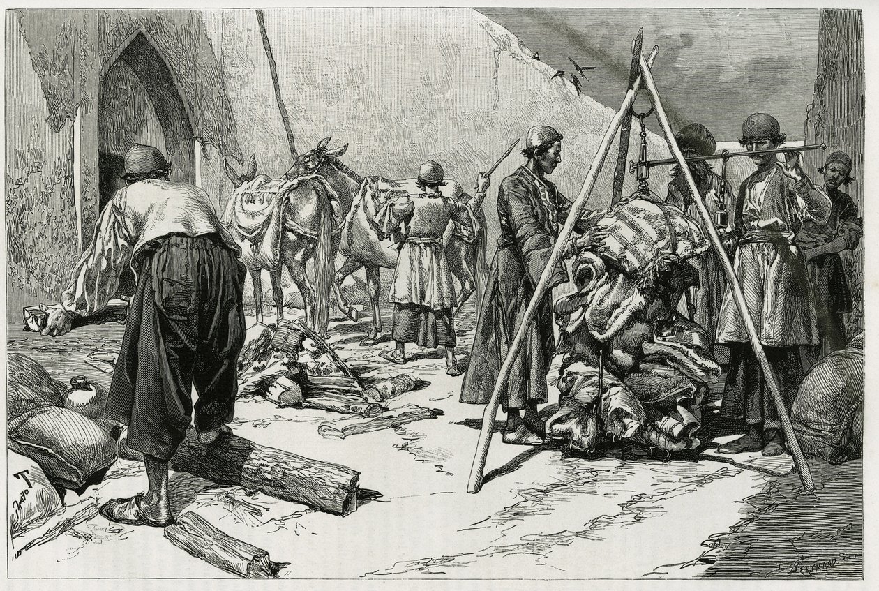 A poggyász mérlegelése a Delafoy Menyasszonyi Expedíció indulása előtt. Tofani metszet a „Persia, Chaldee és Susiane” történet illusztrálására alkotó: Oswaldo Tofani