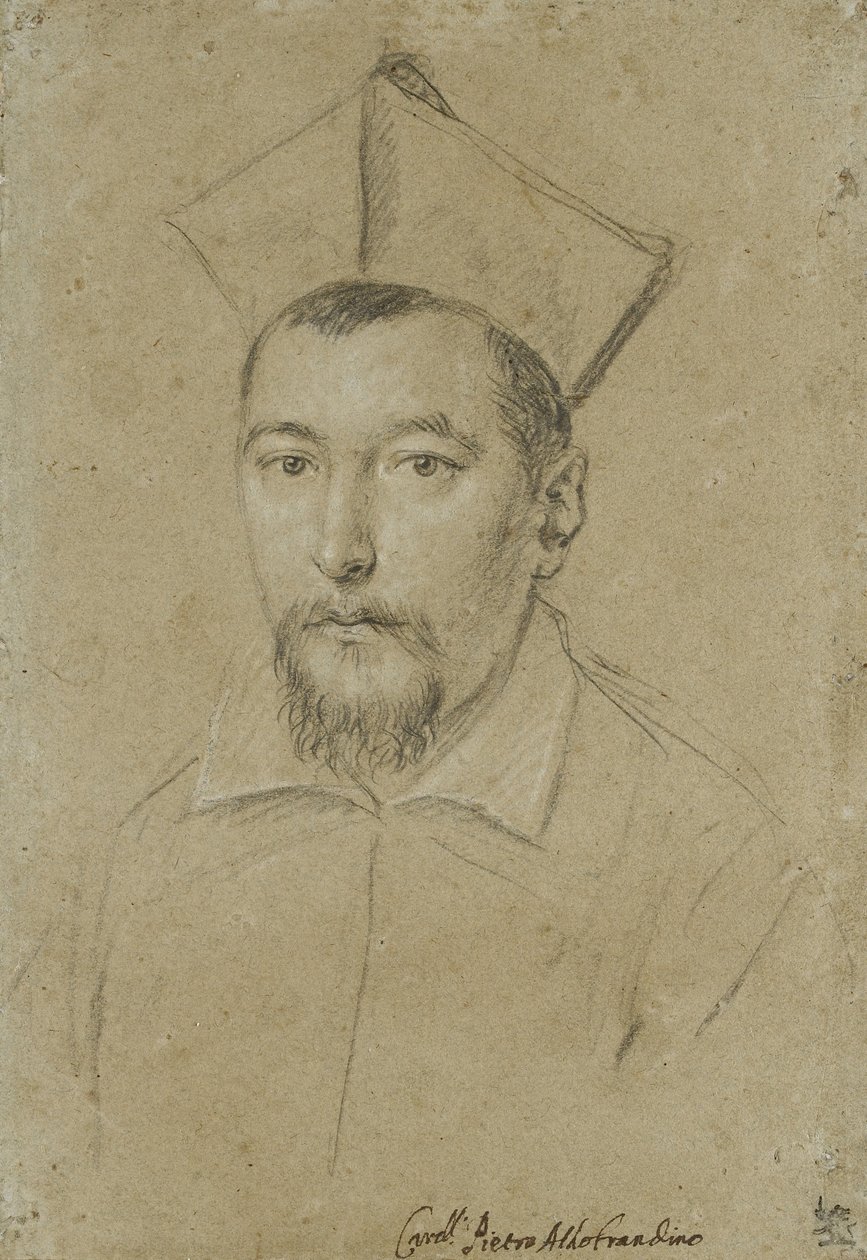 Pietro Aldobrandini bíboros portréja (fekete kréta, fehérrel kiemelve, szürke, kékesszürke papírra) alkotó: Ottavio Mario Leoni