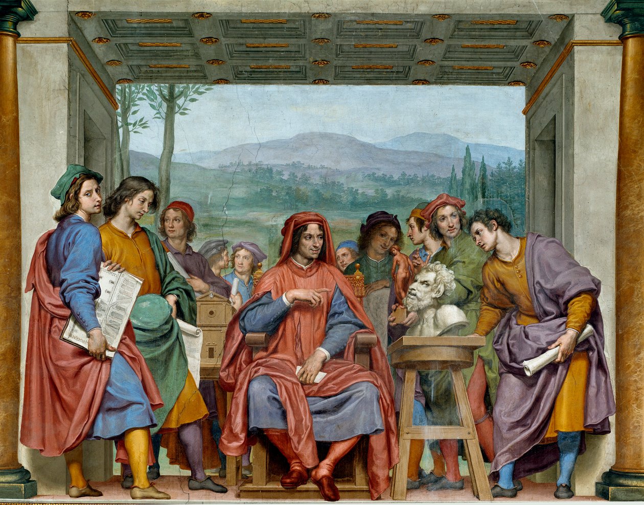 Laurent de Medici (1449-1492) (Laurent the Magnificent: Lorenzo il Magnifico) a firenzei művészek közepette ül Michelangelo (Michelangelo, Michel Ange) faunájának egy fejét csodálja. Ottavio Vannini (1585-1643) freskója. 1635 körülbelül Sala alkotó: Ottavio Vannini