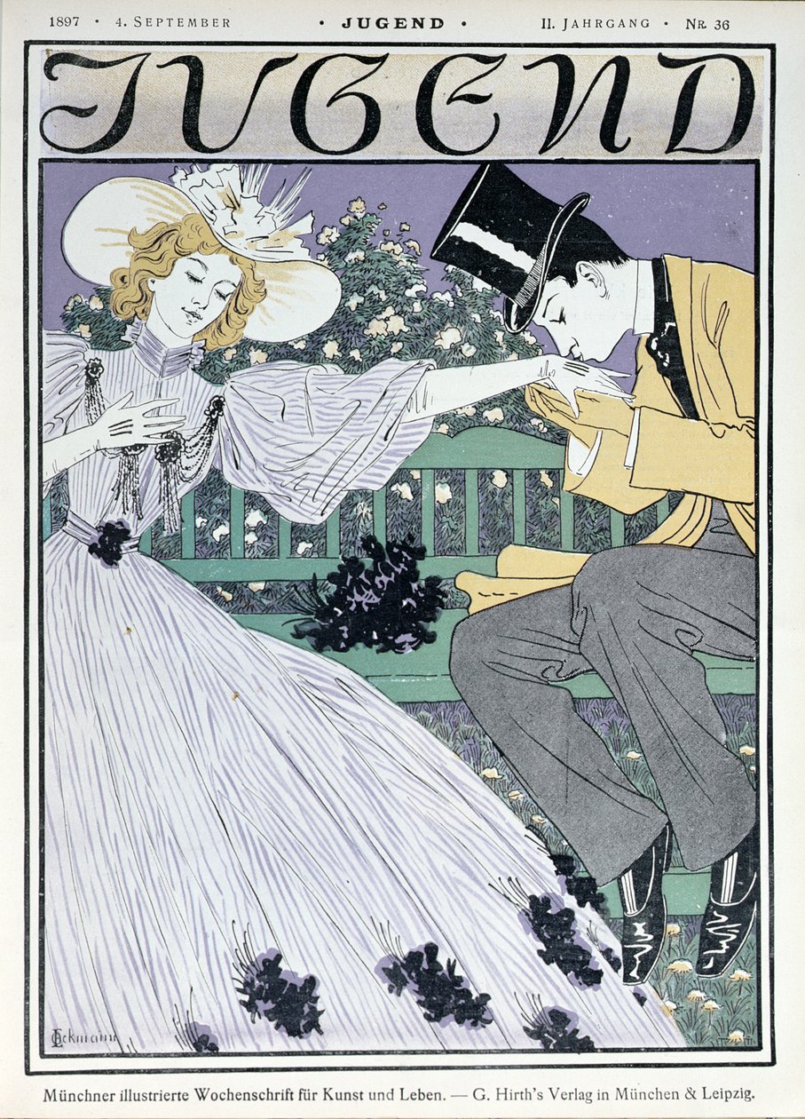Szerelmesek egy padon, címlapillusztráció a "Jugend" magazin számára, München, 1897. szeptember 4. alkotó: Otto Eckmann