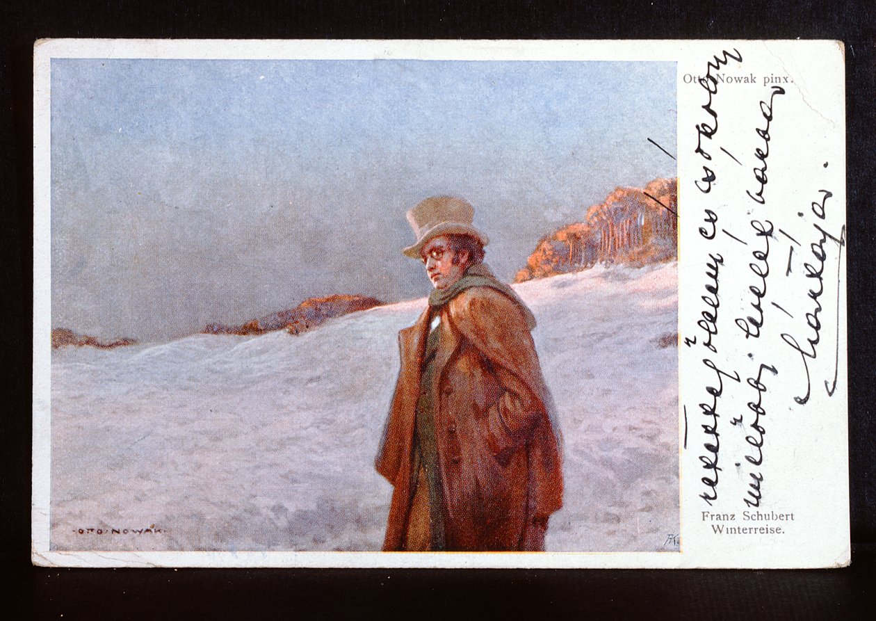Franz Peter Schubert (1797-1828) bécsi képeslapja, amely a "Winterreise" című dalciklusát illusztrálja, 1910 körül. alkotó: Otto Robert Nowak