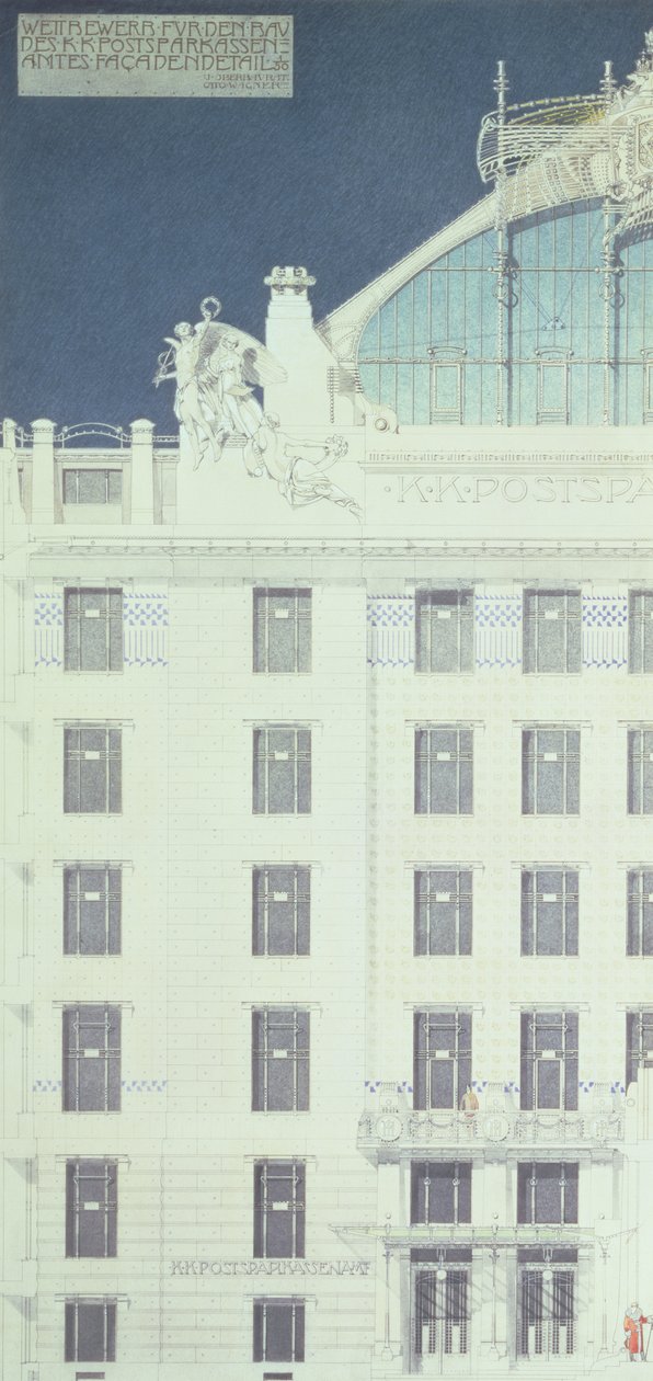 Postatakarékpénztár, Bécs, a homlokzat részletét ábrázoló terv, 1904-06 körül (színes ceruza) alkotó: Otto Wagner