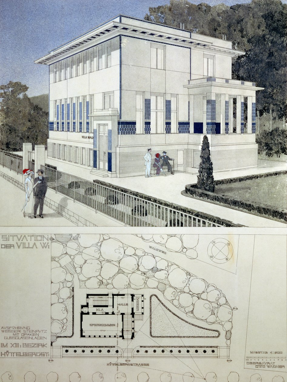 Villa Wagner, Bécs, a ház külsejét bemutató terv, acélból és betonból, szigorú geometriai stílusban, mélykék panelekkel és szegfejdísszel, alatta a ház tervrajzával és gr. alkotó: Otto Wagner