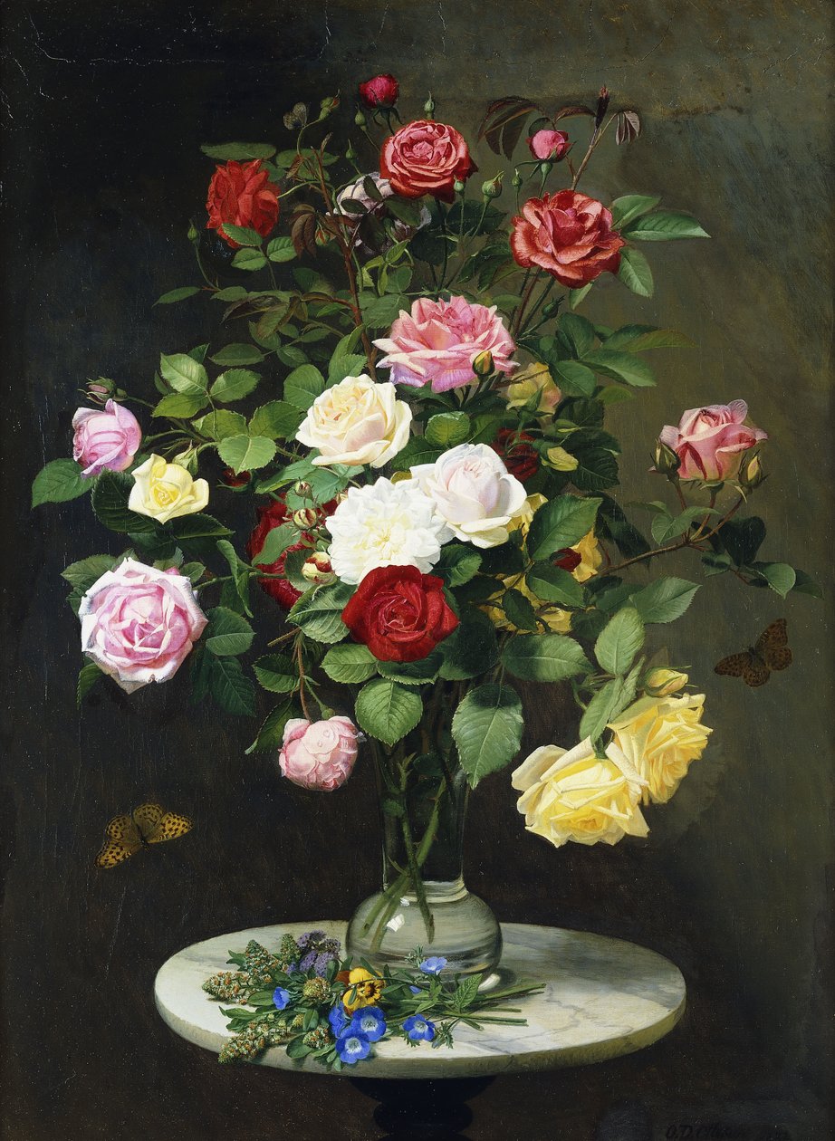Egy csokor rózsa üvegvázában, Wild Flowers egy márványasztalon, 1882 alkotó: Otto Didrik Ottesen