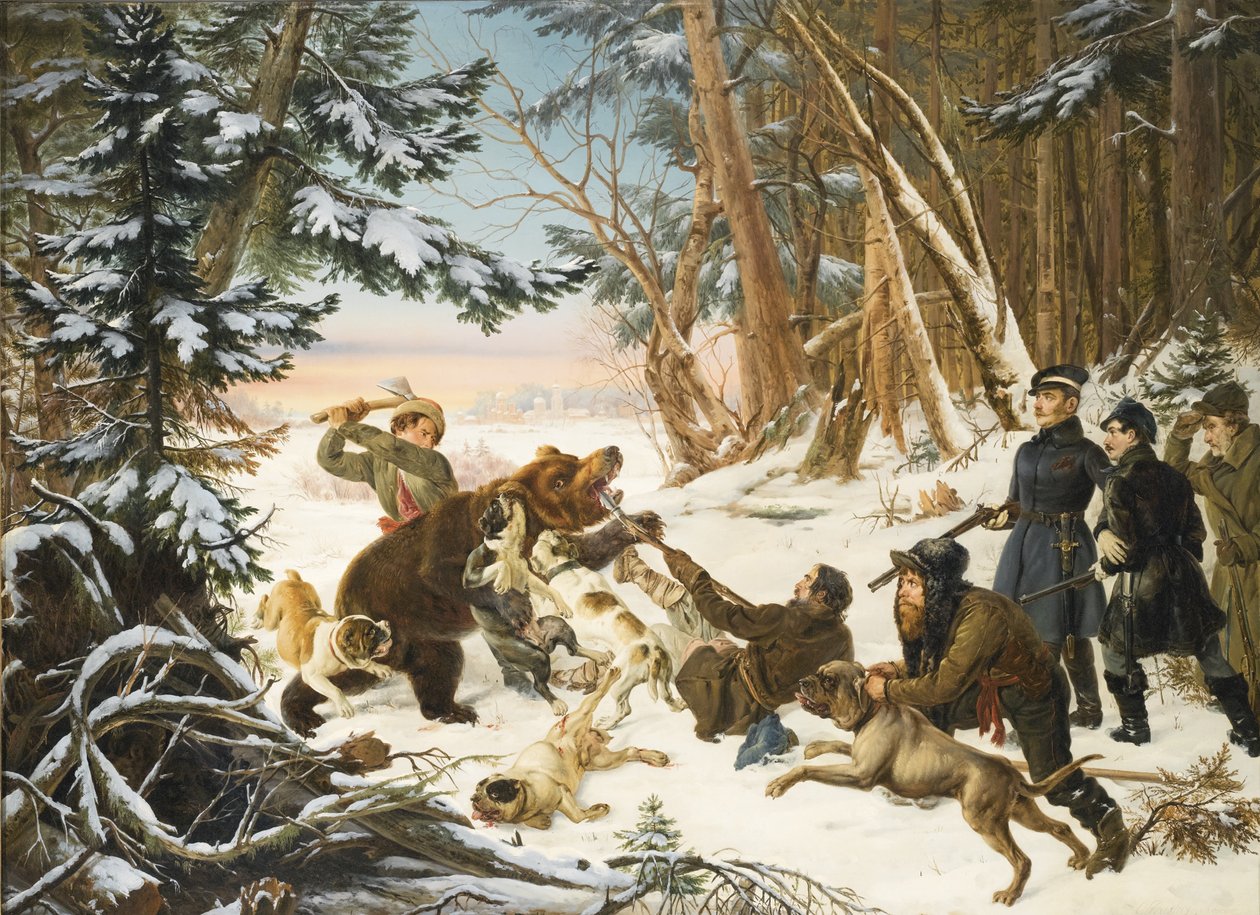 A cárevics Alekszandr Nyikolajevics medvevadászaton Moszkva külvárosában, 1843 alkotó: Otto Grashof