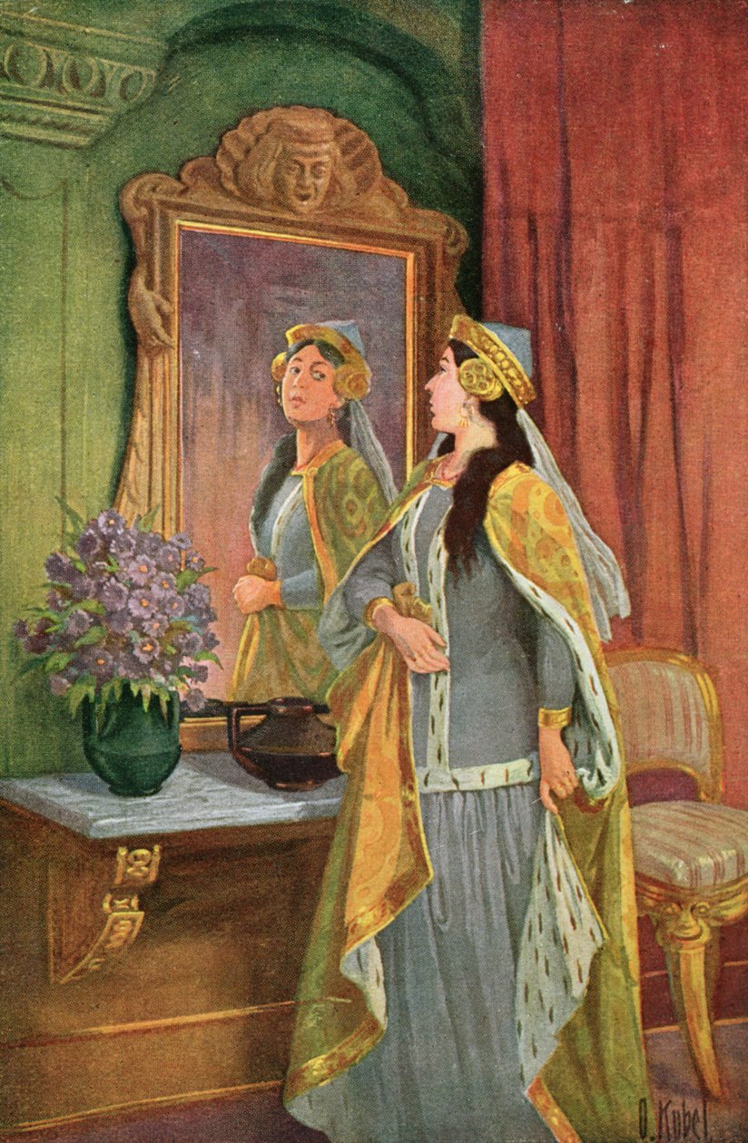 "Tükör, tükör a falon, ki a legszebb közülük?", Illusztráció a "Hófehérke és a hét törpe" című Grimm-meséből, 1900 körül (színes litó) alkotó: Otto Kubel