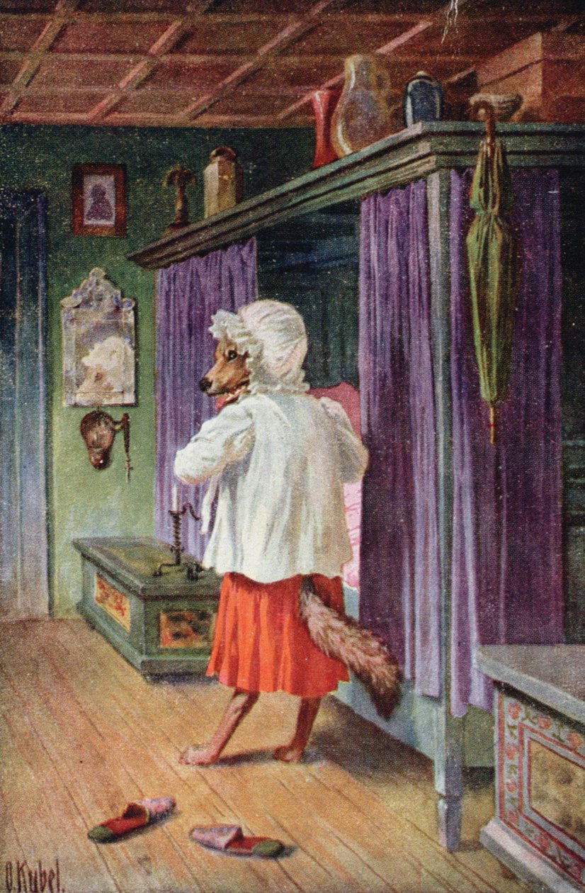 Képeslap, amely a farkast ábrázolja Piroska nagymamájaként (színes litó) alkotó: Otto Kubel