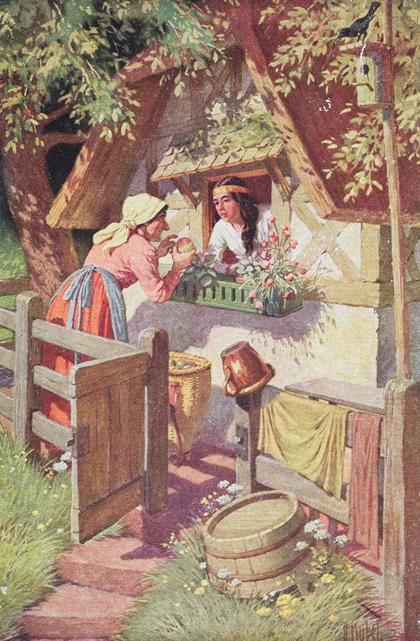 A gonosz királynő öregasszonynak álcázva felajánlja a mérgezett almát Hófehérkének, illusztrációja a „Hófehérke és a hét törpe” Grimm-mese, 1900 körül (színes litó) alkotó: Otto Kubel