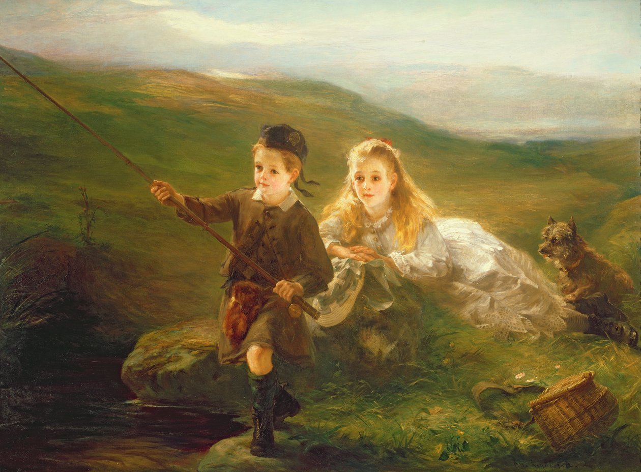 Két gyerek horgászik Skóciában alkotó: Otto Leyde