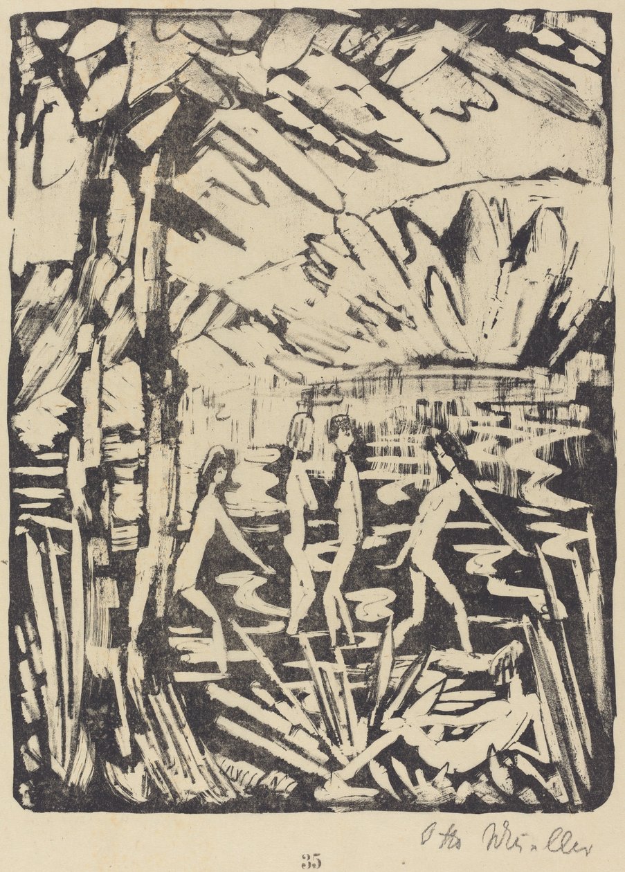 Öt lány egy erdei tóban (Funf Madchen am Waldteich) alkotó: Otto Müller
