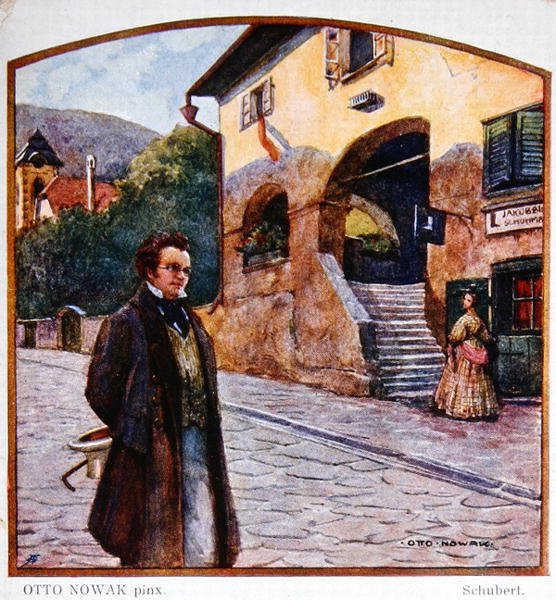 Franz Peter Schubert (1787-1828) a cipész háza előtt, 1910 körül (színes litó) alkotó: Otto Robert Nowak