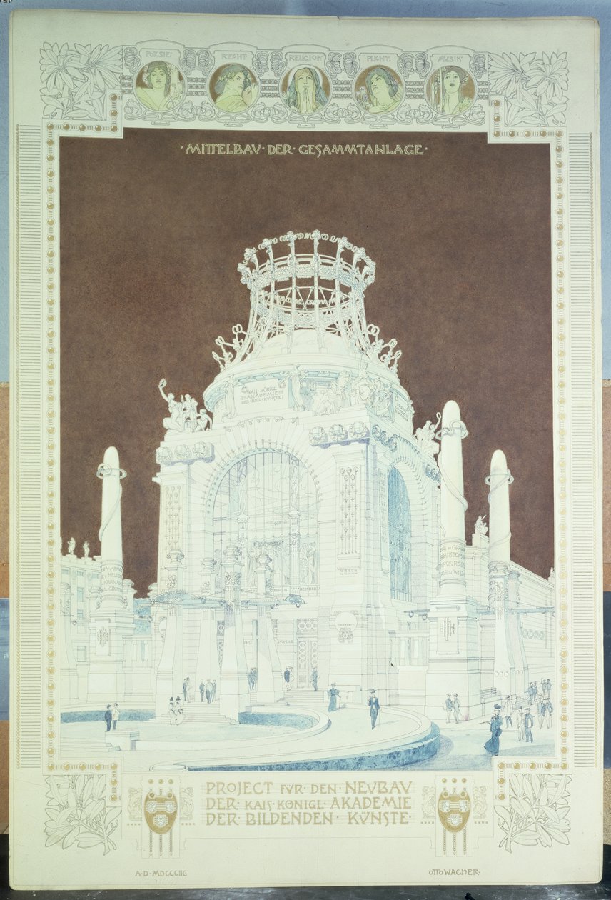 Képzőművészeti Akadémia, Bécs, a díszterem tervezése (színes ceruza) alkotó: Otto Wagner
