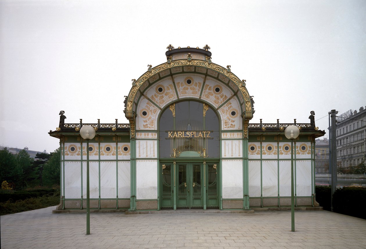 Szecesszió: Otto Wagner (1841-1918) építész által készített, Karlsplatz metróállomás (ma kávézó) pavilonjának képe (Bécsi szecesszió) 1894-1899 Bécs, Ausztria alkotó: Otto Wagner