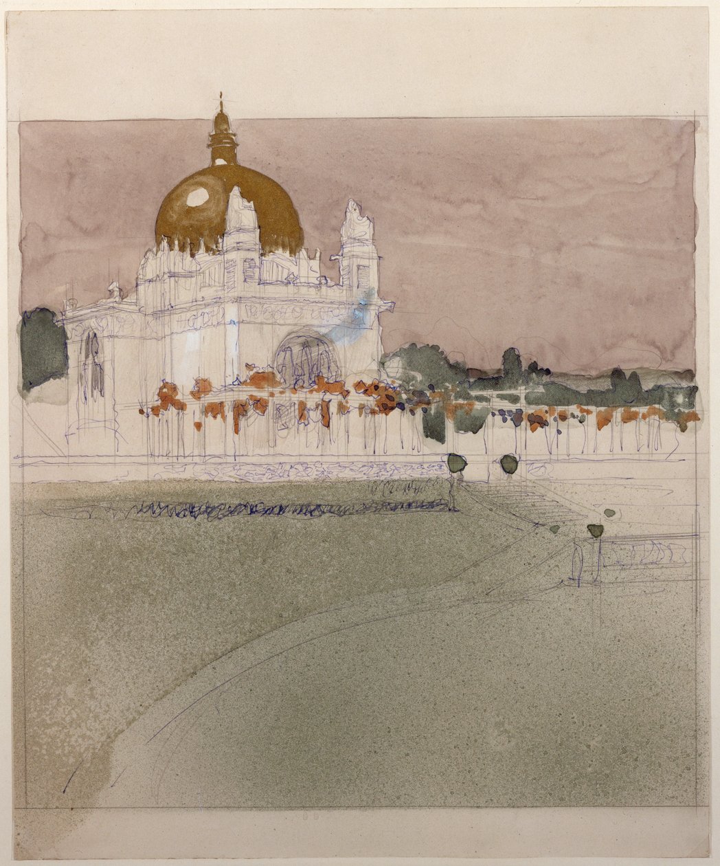 Templom a bécsi elmebetegek központi kórházának, a Steinhof elmegyógyintézetnek ... (zsírkréta, toll, tinta és tus) alkotó: Otto Wagner