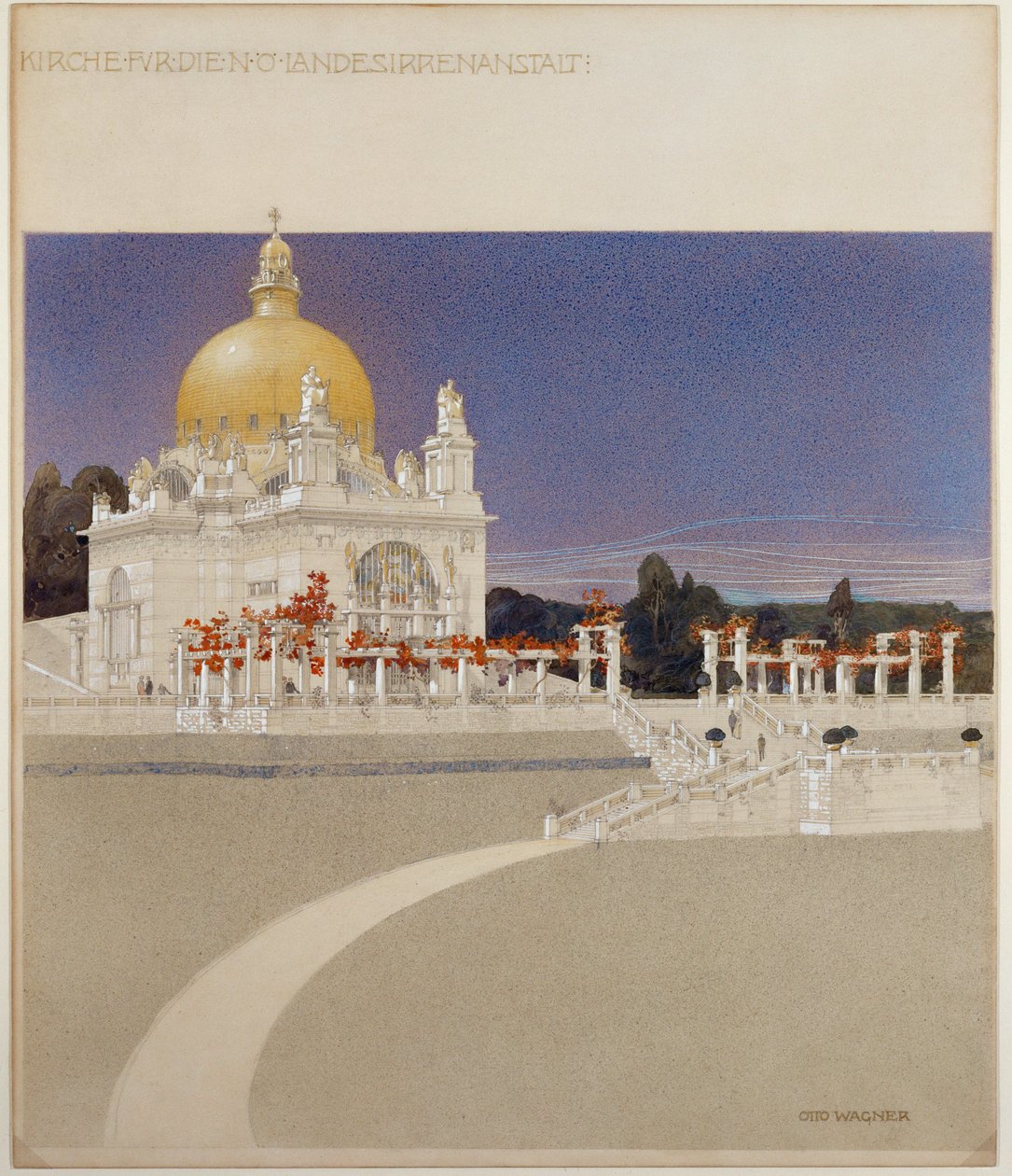Templom a bécsi elmebetegek központi kórházának, a Steinhof elmegyógyintézetnek ... (zsírkréta, toll, tinta és tus) alkotó: Otto Wagner