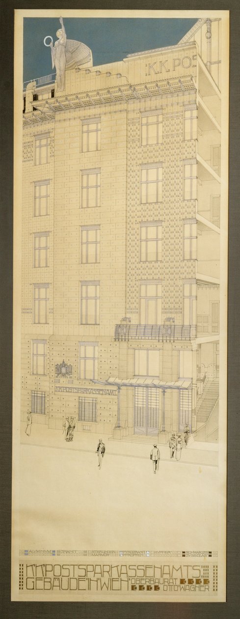 Terv a bécsi Postatakarékpénztár pályázatára ... (toll és fekete tinta, kék zsírkréta, aranyfesték) alkotó: Otto Wagner