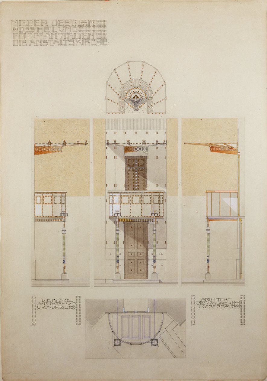 Vázlat a bécsi elmebetegek központi kórháza, a Steinhof templom szószékéhez ... alkotó: Otto Wagner