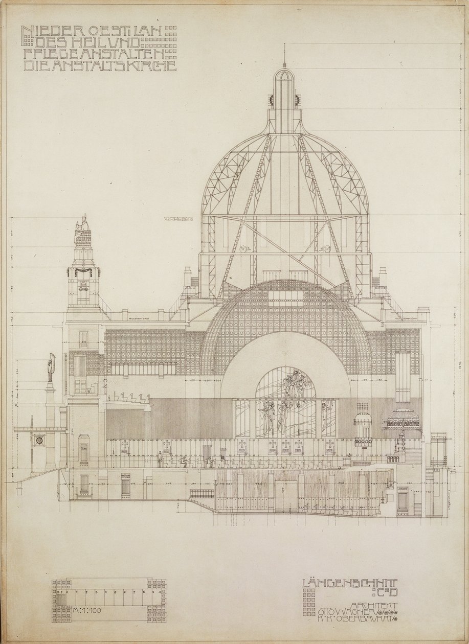 Függőleges vetület a bécsi elmebetegek központi kórházának, a Steinhof templomának ... alkotó: Otto Wagner