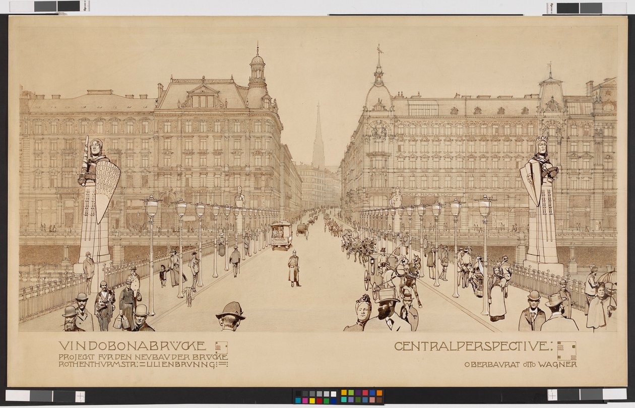 Vindobona híd / A Rothenthurmstraße - Lilienbrunngasse híd új építésének terve. Központi perspektíva alkotó: Otto Wagner