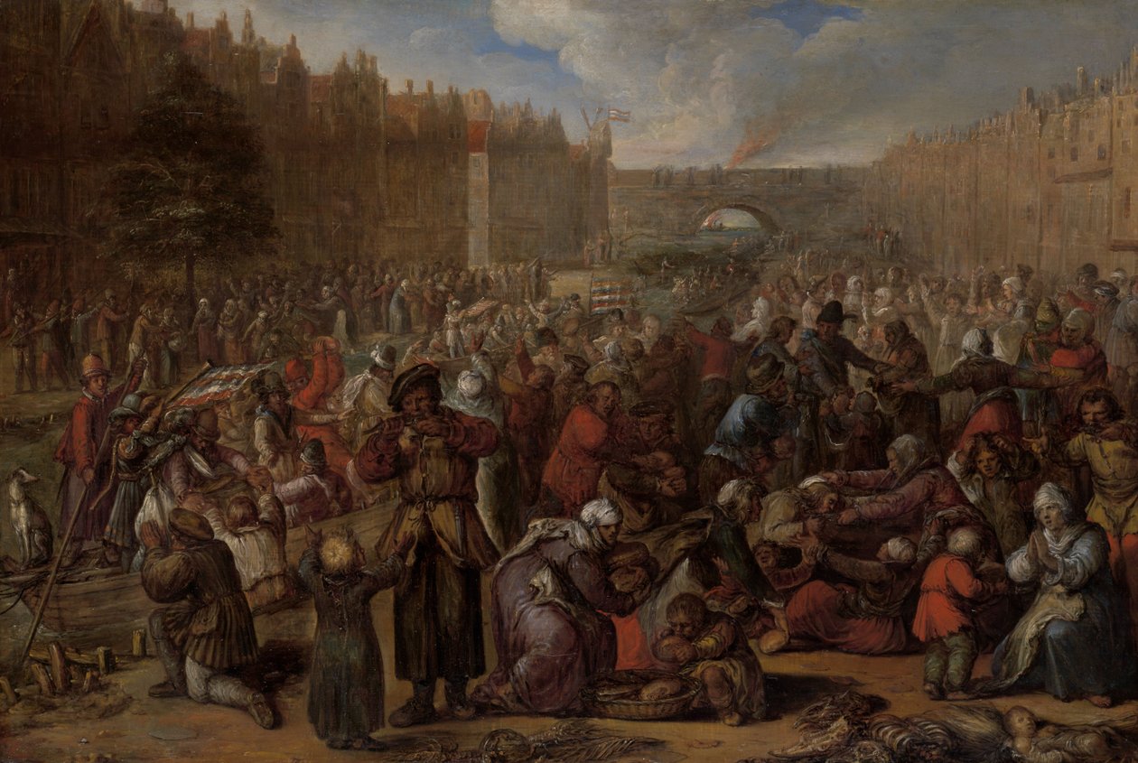 Hering és fehér kenyér szétosztása Leiden domborművében, 1574. október 3., 1600 körül (olaj, tábla) alkotó: Otto van Veen