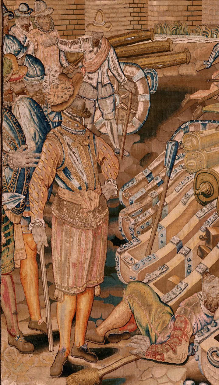 Flamand kárpit. Albert főherceg diadalai és csatái sorozat. Támadás Calais városa ellen (Asalto de la plaza de Calais). A sorozat második kárpitja. Otto van Veen modell és Hans I Snellinck. Gyártás Martin Reynbouts, Brüsszel alkotó: Otto van Veen