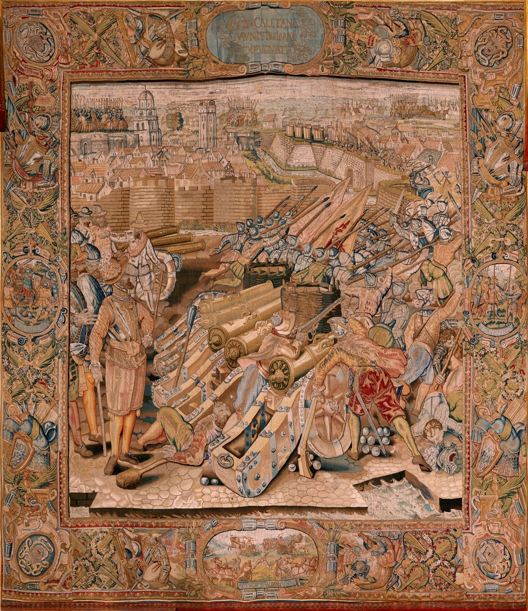 Flamand kárpit. Albert főherceg diadalai és csatái sorozat. Támadás Calais városa ellen (Asalto de la plaza de Calais). A sorozat második kárpitja. Otto van Veen modell és Hans I Snellinck. Gyártás Martin Reynbouts, Brüsszel alkotó: Otto van Veen