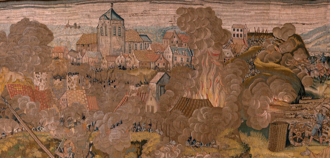 Flamand kárpit. Albert főherceg diadalai és csatái sorozat. Éjszakai támadás Ardres ellen vagy Ardres alacsony városának elfoglalása (Asalto nocturno de Ardrés o Toma de la baja villa de Ardrés). Harmadik kárpit a sorozatban. Otto van Veen modell és Hans I alkotó: Otto van Veen