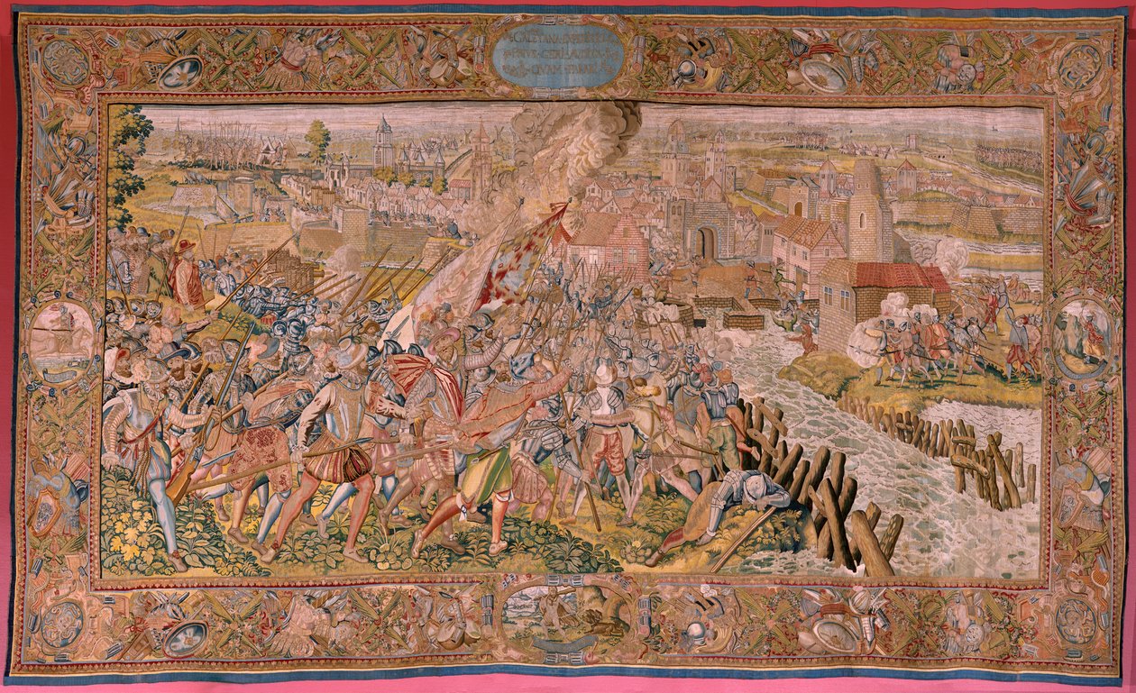 Flamand kárpit. Albert főherceg diadalai és csatái sorozat. Meglepetés Calais-ban (La sorpresa de Calais). A sorozat első gobelinje. Otto van Veen modell és Hans I Snellinck. Gyártás Martin Reynbouts, Bruselas. 1597-1599. Szövet Arany, ezüst, si alkotó: Otto van Veen
