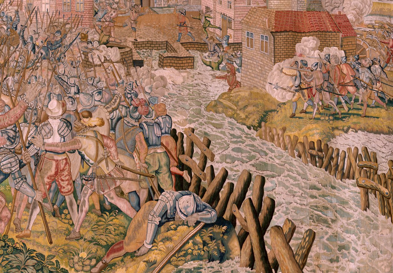 Flamand kárpit. Albert főherceg diadalai és csatái sorozat. Meglepetés Calais-ban (La sorpresa de Calais). A sorozat első gobelinje. Otto van Veen modell és Hans I Snellinck. Gyártás Martin Reynbouts, Bruselas. 1597-1599. Szövet Arany, ezüst, si alkotó: Otto van Veen